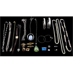 9ct gold jewellery including two diamond brooches, necklace and pearl ring, silver jewellery including bangles and stone set pendant necklaces, three pearl necklaces, two stone set silver-gilt rings, 9ct gold cased Accurist wristwatch and a pair of Christian Dior clip on earrings 