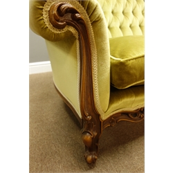  French style ornate carved beech framed lounge suite three seat settee (W196cm), and pair of armchairs (W97cm), upholstered in buttoned lime green velvet  