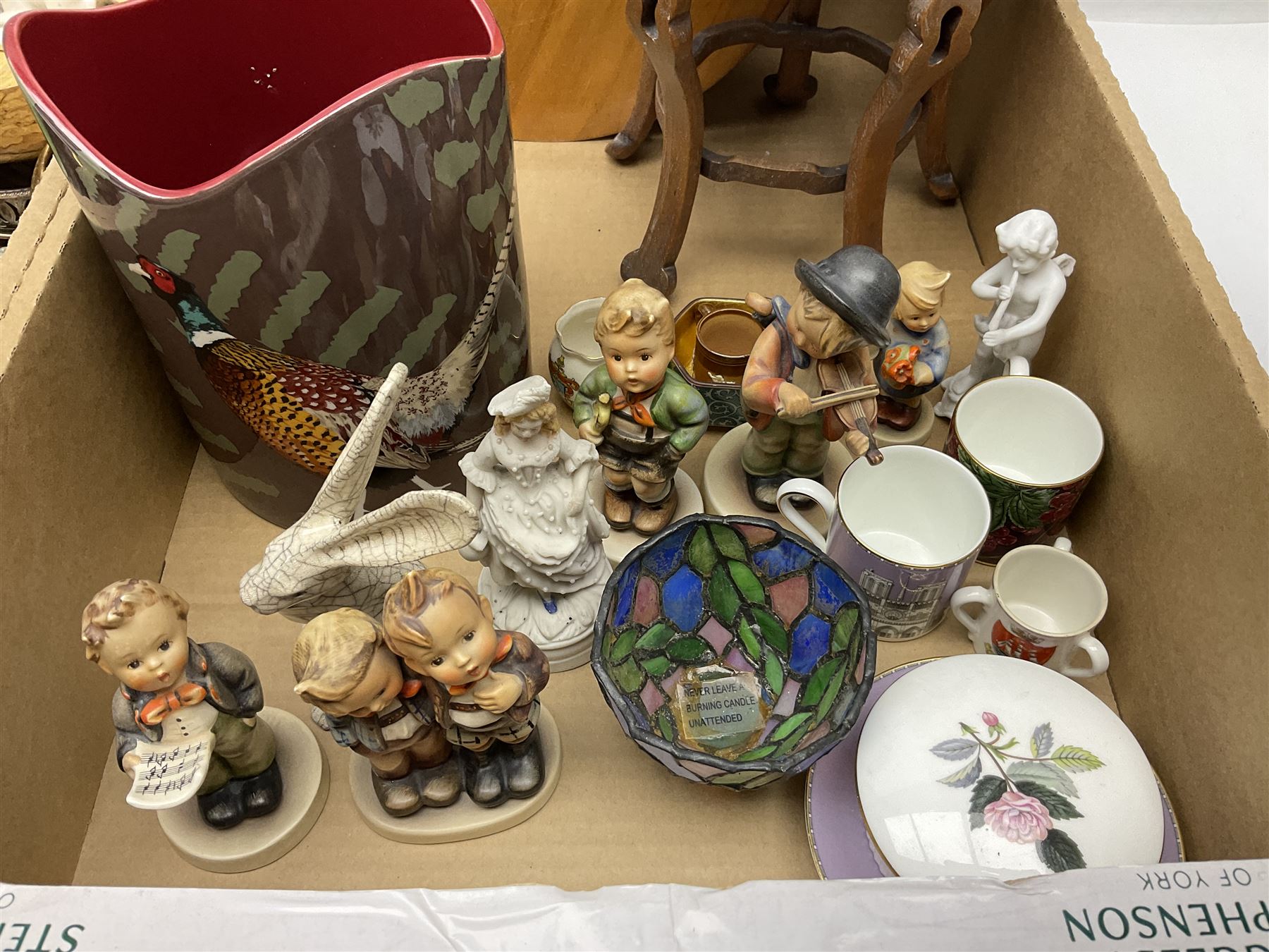 Five Goebel Hummel figures including Trumpet Boy, Max and Moritz and Soloist, Doulton Lambeth miniature tankard, Caithness Paisley Twist paperweight, Duchess Winchester tea and dinner wares and a collection of other ceramics and glassware, etc, in five boxes