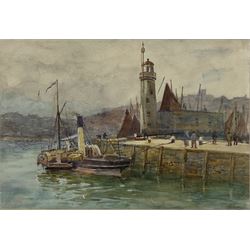 Frank Rousse (British fl.1897-1917): Paddle Steamer moored along side Scarborough Lighthouse, watercolour signed 23cm x 33cm
