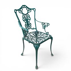 Victorian style cast aluminium garden table and four armchairs chairs in a weathered green finish