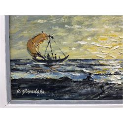 K Jinadasa (Sri Lankan 20th century): Sunset on the Coast, oil on canvas board signed 29cm x 38cm 