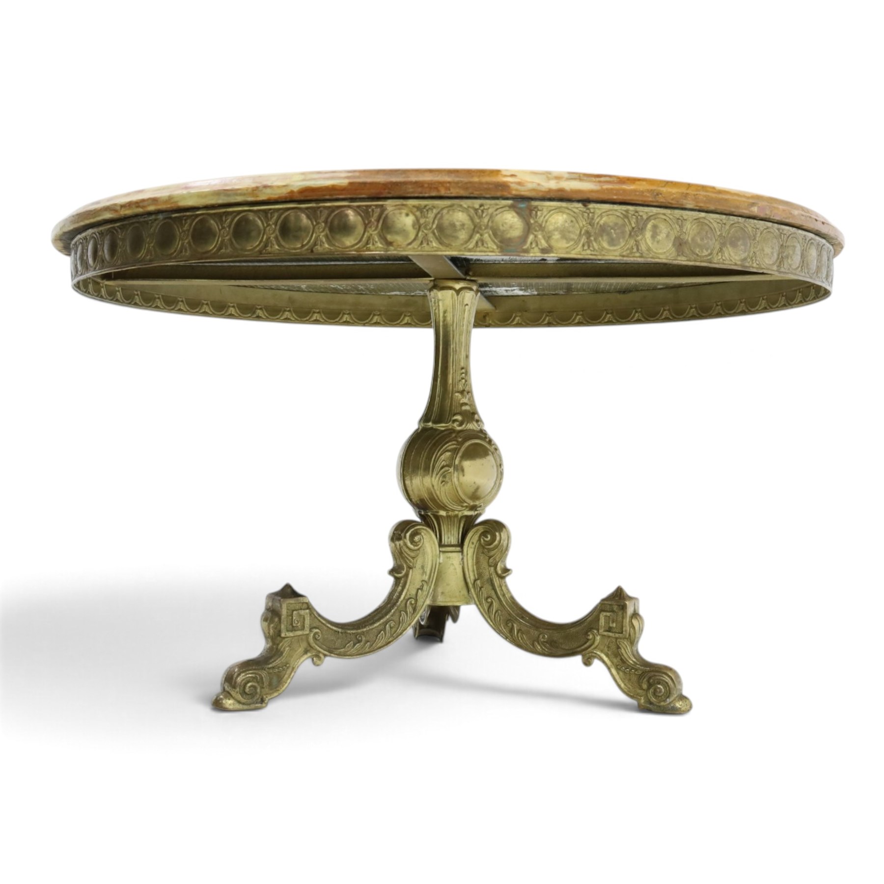 Victorian design marble topped gilt metal coffee table, circular cream and orange veined marble top with moulded edge, cast frieze with repeating roundel decoration, raised on a three scrolled supports 