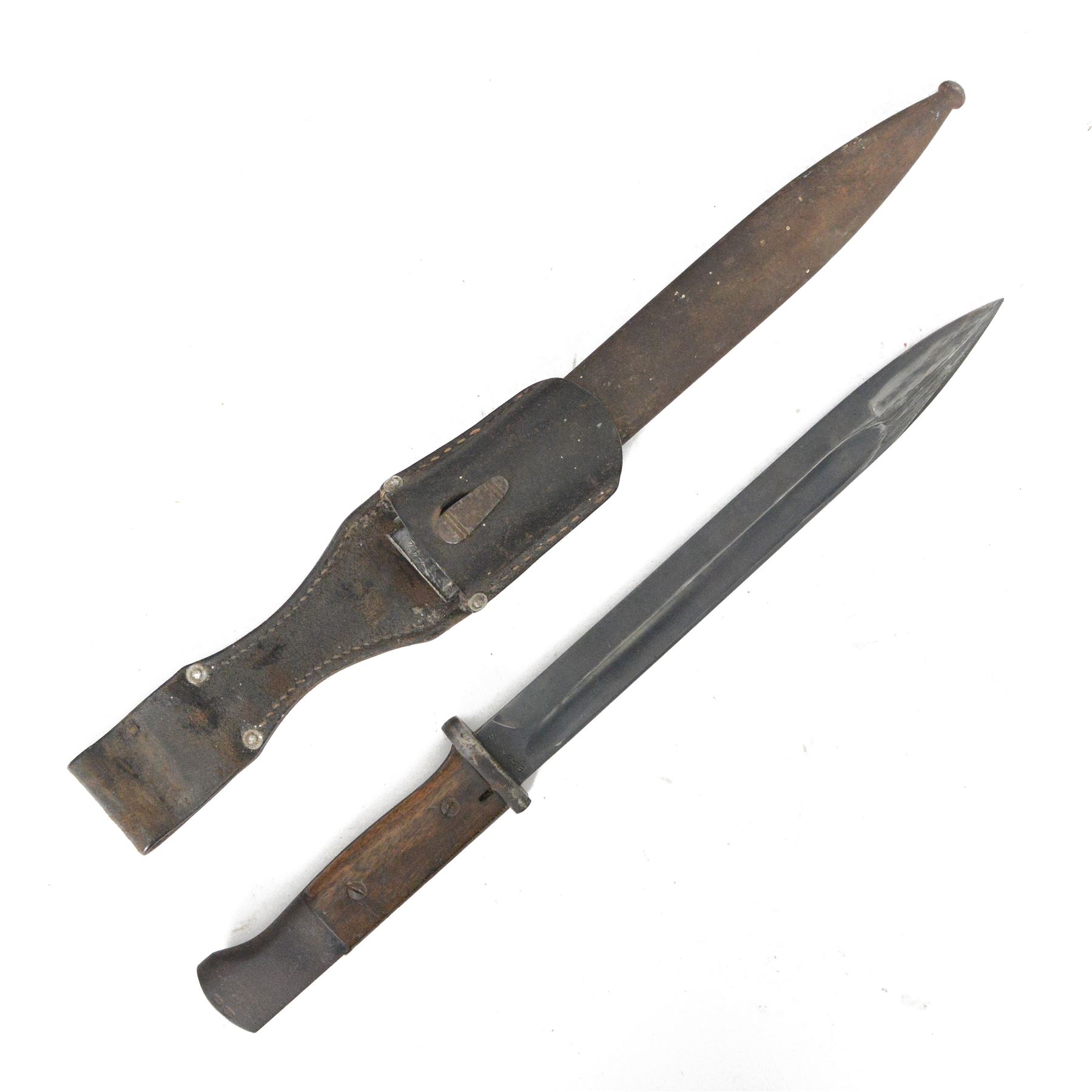 German K98 bayonet, by E Pack & Sohne, the 25cm blade stamped to the ricasso 6442, E Pack & S, in steel scabbard also marked 6442, with leather frog, overall L41cm