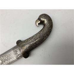Indian Khanjar dagger with 28cm curving damascus steel blade inlaid with silver floral emblem, white metal and niello style grip in the form of a bird's head with pronounced beak and matching scabbard L44cm overall