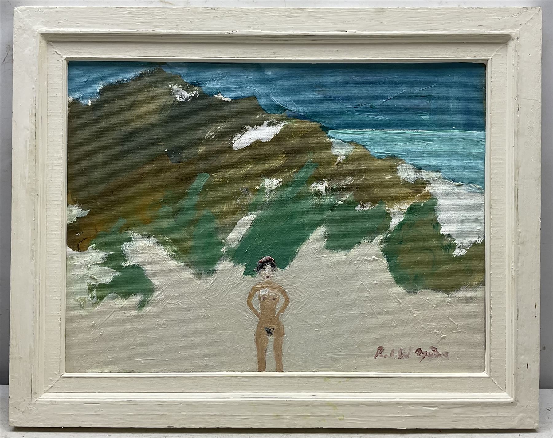 Paul W Ozere (Cornish 20th century):  Adam and Eve, Bathers, View Towards the City, Breaking the Bank, Beneath the Wave and Watcher, six oils on canvas signed max 39cm x 39cm (6)