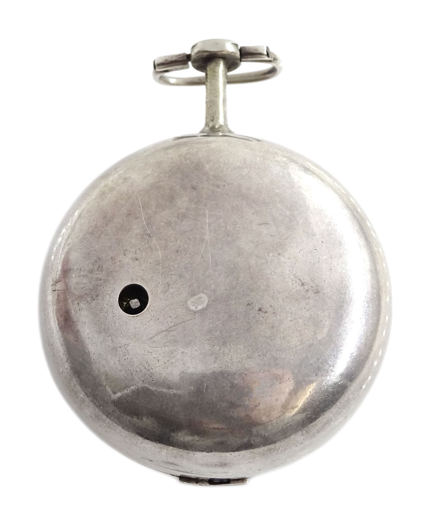 George III silver repousse pair cased verge fusee pocket watch by Samson, London,  No. 20384, square baluster pillars, the enamel polychrome dial depicting a sailor and sweetheart saying farewell, Roman hours and outer Arabic minute ring, inner case by James Richards, London 1793, the outer case depicting figures in an interior setting, with scroll borders interior scene makers mark T.P possibly Thomas Pepper