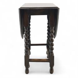 20th century oak gateleg table, with oval fold-out top supported on turned barley twist legs and stretchers (Extended 116cm)