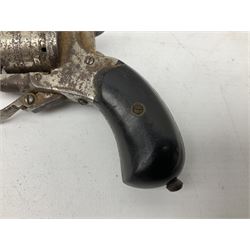 19th century 7mm six-shot pin-fire revolver, with folding trigger, two-piece ebonised grip and ejector rod in butt L17cm