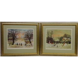  'On a Beautiful Winters Day' and 'Gathering Holly', two colour prints signed in pencil by Helen Bradley (British, 1900-1979) with Fine Art Trade Guild blind stamp 31cm x 39cm (2)  