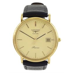 Longines Presence gentleman's gold-plated and stainless steel quartz wristwatch, champagne dial with baton hour markers and date aperture, on black leather strap, boxed