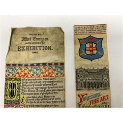 Two mid 19h century Coventry silk bookmarks, the first example manufactured by C Newsome worked with an ode by Alfred Tennyson on the opening of the Exhibition 1862, together with a Yorkshire Fine Art and Industrial Exhibition York 1879, manufactured by Welch & Lenton, largest L32cm W9.5cm