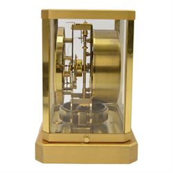 Jaeger-LeCoultre Atmos Clock - Caliber 528-6, 
gold-plated brass with glass panels, 15 jewel movement with atmospheric bellows winding motor, serial number 161881, circa 1960s, with engraved presentation plaque for W.W. Clayton, Canton Golf Club, 1964, in maker's box with instruction booklet, minute hand detached, H23.5xW21xD16cm