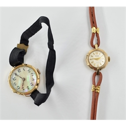 Two 9ct gold wristwatches,  Bernex 17 jewel incabloc on leather bracelet and 1939 rose gold mother of pearl, both hallmarked