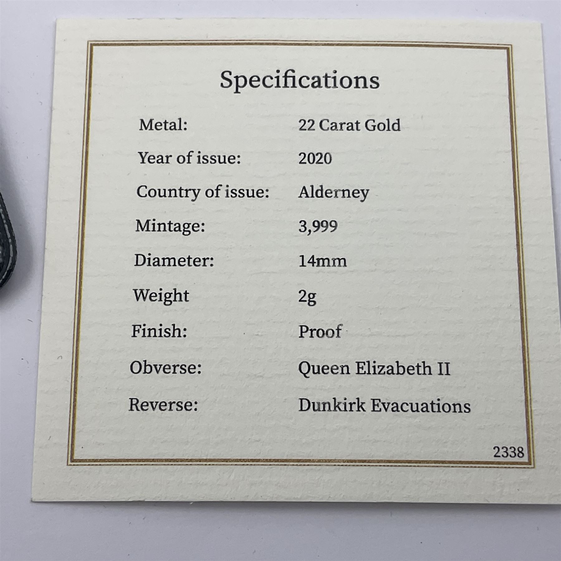 Queen Elizabeth II Alderney 2020 '80th Anniversary of Dunkirk' gold proof quarter sovereign coin, with certificate
