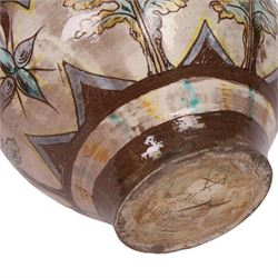 William De Morgan twin handled vase, sgraffito-decorated with turquoise and yellow trees, within a brown boarder, with a repeating floral boarder to the neck, with signed and impressed marks beneath, H21cm