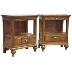  Pair quality reproduction walnut bedside stands, slide above single drawer, on turned feet, W61cm, H74cm, D40cm  