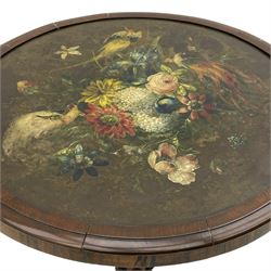 Early Victorian rosewood tripod pedestal table, circular moulded top hand painted with flowers and birds on slate, on tapered hexagonal column with carved acanthus leaf baluster, three splayed supports carved with foliage and scrolling terminals 