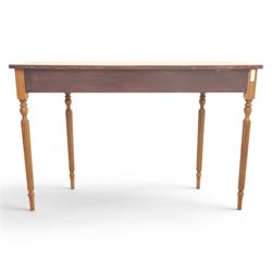 Traditional design walnut D-end hall table, figured top and sides, two frieze drawers with brass handles raised on fluted and turned supports