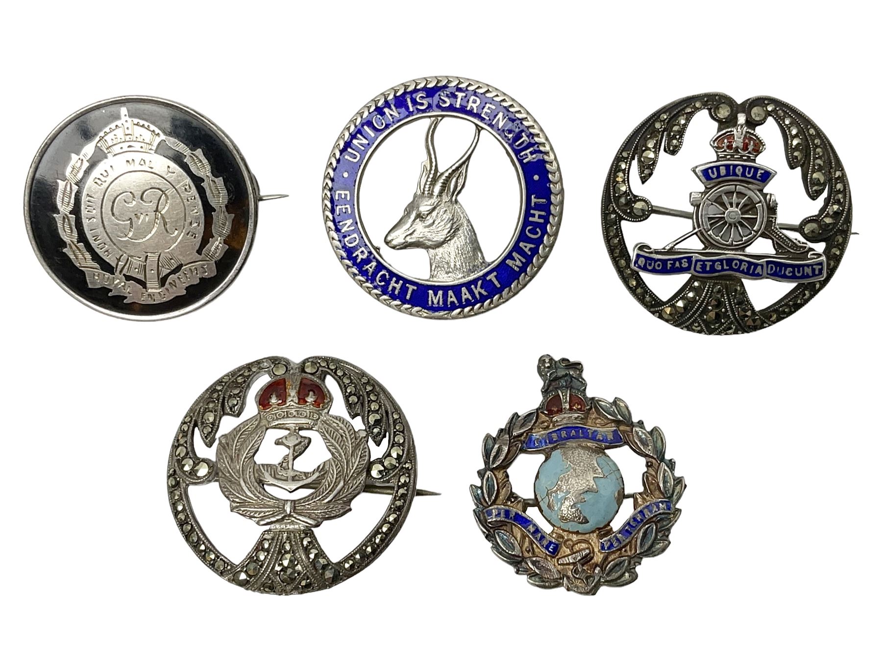 Five silver sweetheart brooches - Royal Artillery with marcasite, Naval with marcasite, George VI Royal Engineers with tortoiseshell, Royal Marines Gibraltar with enamel and South African General Service with blue enamel (5)