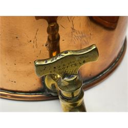 Victorian copper hot water urn, the body of plain cylindrical form with brass tap, the slightly domed lid with brass finial, together with a rectangular copper planter, with twin brass lion mask handles, urn H35cm