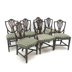  Early to mid 19th century set seven (6+1) mahogany Hepplewhite style dining chairs, upholstered serpentine seats, square tapering reeded supports, W57cm  