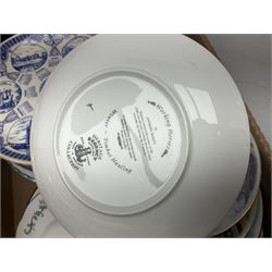 Maling Maltese pattern part dinner wares, including dinner plates, tureens, side plates etc, together with Pyrex dinner wares, decorated in flying duck pattern, Johnson Bros Indian Tree pattern tea and dinner wares and a collection of decorative and calendar plates, etc, in six boxes 