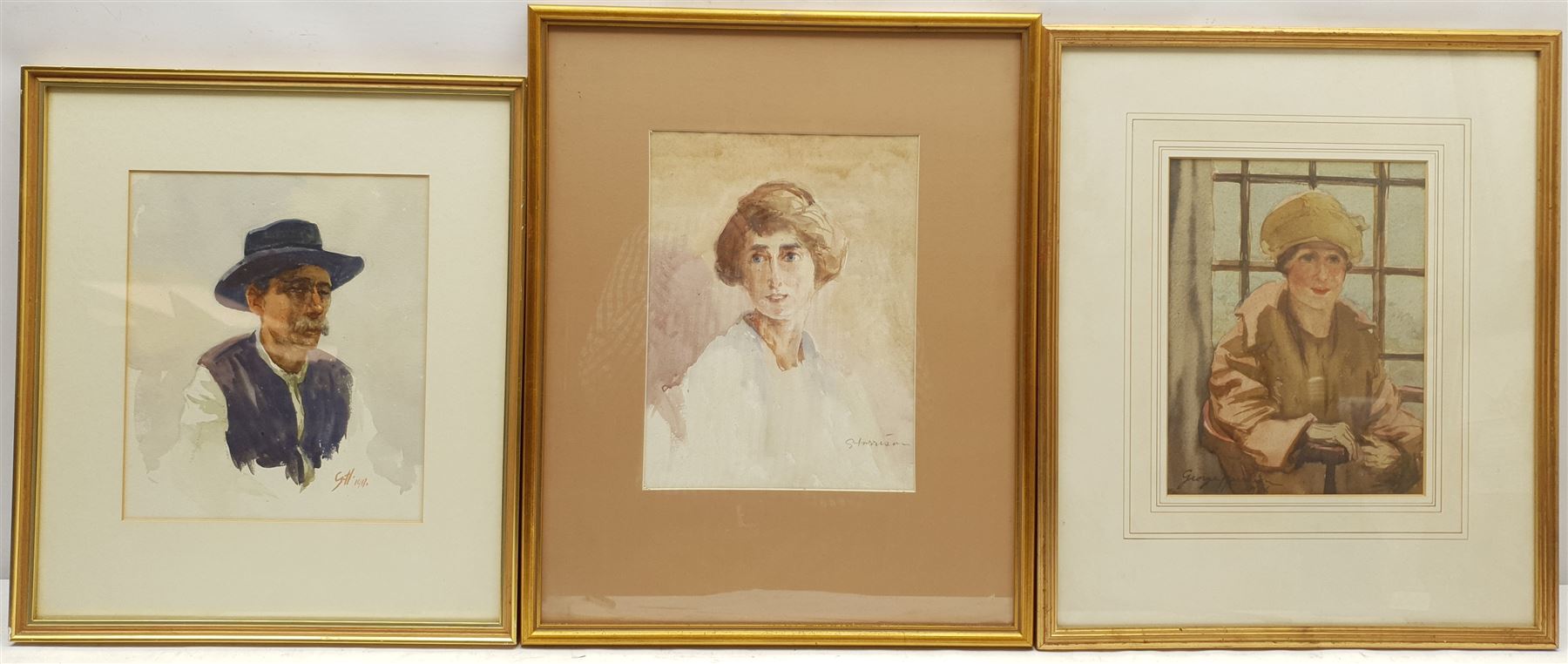George Harrison (York 1882-1936): Bust Portraits, three watercolours signed, two dated 1917 and 1926, max 25cm x 21cm (3)
Provenance: purchased David Duggleby Ltd 15th July 2017, part of the artist's original studio collection. 
Harrison studied at York School, Leeds College of Art, RCA and Newlyn; he became Principal of York School of Art and also ran a school of art at the Corn Mill Stamford Bridge York.