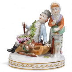 Group of four Dresden figures, including a boy playing the flute, a lady and her lamb, a couple and their sleigh, and a lady playing a mandolin H14cm; together with three other German figures, including a courting couple, largest H18cm (7)