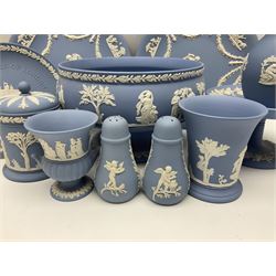 Collection of Wedgwood jasperware, to include footed fruit bowl, salt and pepper shakers, footed dish, plates, cups and saucers etc (32)