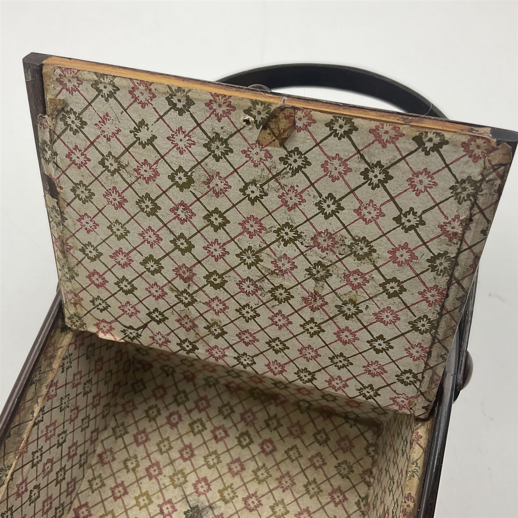 19th century rosewood Tunbridge Ware basket, of rectangular form with curved bentwood handle, and twin hinged sloping covers, lifting to reveal paper lined interiors, not including handle H5.5cm D10.5cm L18cm