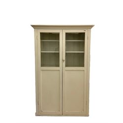 19th century painted pine kitchen cupboard, enclosed by two part glazed doors