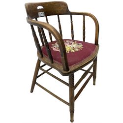 Early 20th century American oak smokers bow tub armchair, shaped cresting rail with pierced handle over ring turned spindle back, seat upholstered in pink tapestry fabric (W56cm, H73cm); small 20th century walnut occasional table on turned supports (W43cm, H70cm, D33cm)