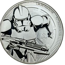 Five Queen Elizabeth II Niue one ounce fine silver two dollars coins dated 2016 'Turtle', 2017 'Panda', 2017 'Darth Vader', 2018 'Stormtrooper', 2019 'Clone trooper' and two Fiji one ounce fine silver one dollar coins dated 2015 'Iguana', 2016 'Iguana' (7)