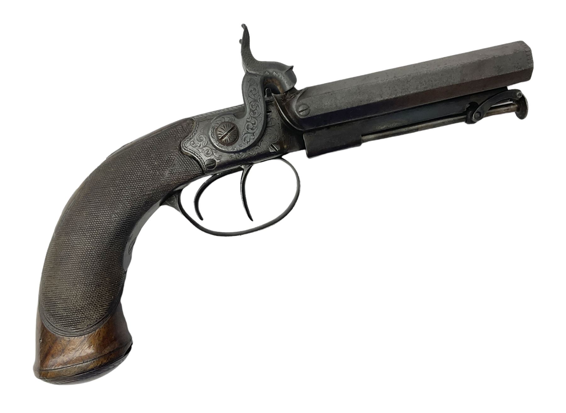 Early 19c percussion double barrel Howdah pistol by J. Blisset London, c1840s, approximately 50 calibre, 10.5cm octagonal monobloc barrels with captive swivel ramrod under, finely chequered walnut stock, engraved hammers, lock plates, tang and trigger guard, butt plate with hinged cap compartment, vacant white metal oval escutcheon L25.5cm overall