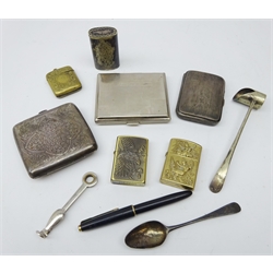  Two early 20th century silver cigarette cases, vesta cases, Parker fountain pen with 14k nib, Georgian silver teaspoon, lighters and miscellanea   
