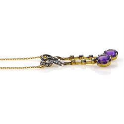 Gold and silver-gilt amethyst, diamond and seed pearl bow pendant necklace