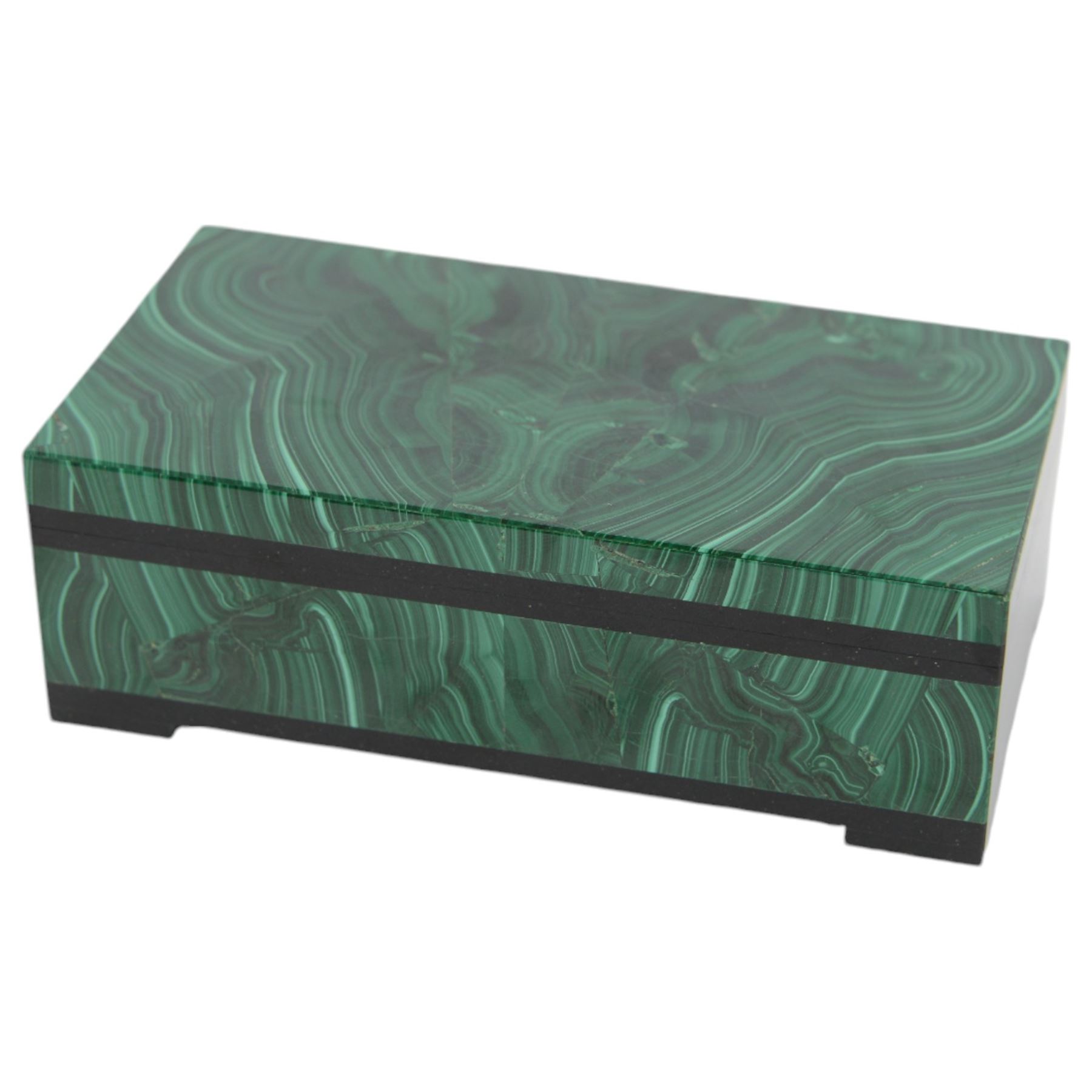 Mosaic malachite trinket box, of rectangular form, the hinged cover opening to reveal a black velvet interior, together with a smaller oval malachite box with removable cover, hinged box H4cm