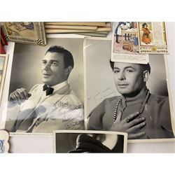 Early 20th century ephemera, to include signed photographs of Charles Boyer and Walter Pidgeon etc, a printed letter from Winston Churchill, two albums and a quantity of transfer books of Players and similar cigarette cards, including Boy Scout and Girl Guide Patrol Signs and Emblems and RAF Badges, a collection of greetings cards and postcards, a photograph album containing black and white photographs of Caius College Cambridge and guides and pamphlets on travelling Switzerland and the UK