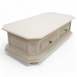 Light grey painted low coffee table, canted rectangular form fitted with two through drawers, on compressed bun feet