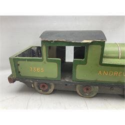 1960s scratch-built green, black and red painted wooden model of a 4-6-0 tank locomotive 'Andrew' No.7365 L88cm; and an unused wall mounting die-cast model display cabinet with glass door and shelves 52 x 40cm (2)