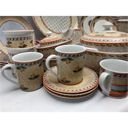 Villeroy & Boch Gallo design Switch 4 Naranja & Nazare pattern tea and dinner wares, to include seven dinner plates, twin handled lidded tureen, five mugs, four saucers, jug, lidded sucrier, large bowl,  seven ramekins, various side plates, two bowls etc