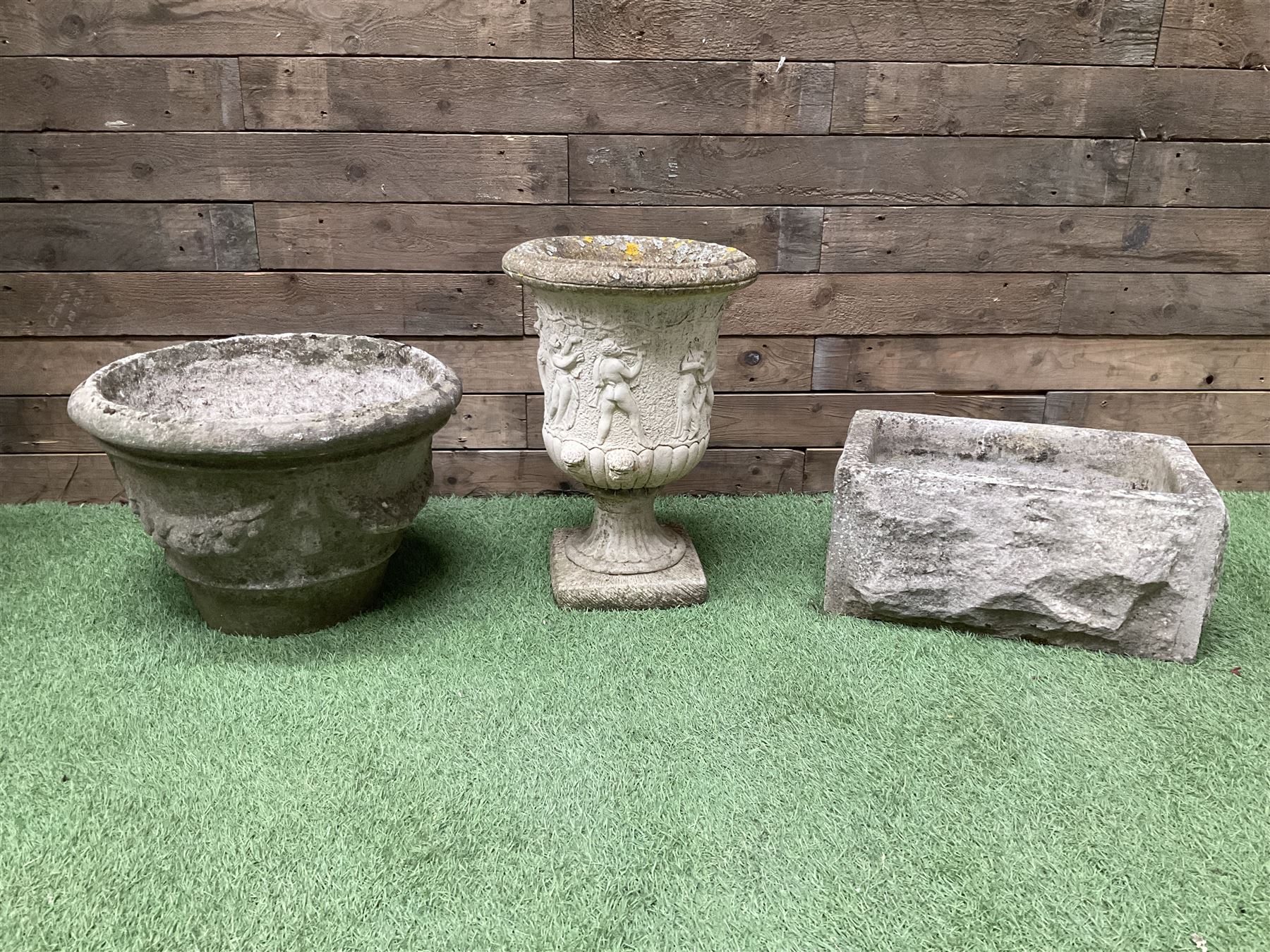 Cast stone garden urn, circular planter and a small rectangular planter