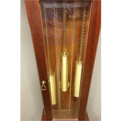  Late 20th century mahogany longcase clock, arched brass dial inscribed 'Tempus Fugit', triple train quarter chiming movement on rods, bevelled glass door, H180cm  