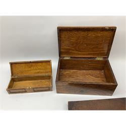 Souvenir olive wood box, the hinged lid with carved cross decoration, together with a Victorian mahogany box with mother of pearl and brass inlaid decoration carved with initials and 1850, with single pull out drawer, and a further walnut box (3)