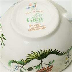 Gien France faience tea and dinner service in the 'Oiseaux de Paradis' pattern comprising six dinner plates, eight dessert plates, eight soup bowls, four cups, six saucers, oval plate, milk jug and sugar bowl and cover