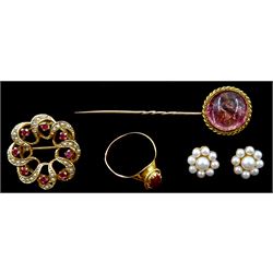 9ct gold ruby and pearl circular brooch, pair of 9ct gold pearl cluster stud earrings, gold pink glass stick pin and an 18ct gold pink stone set ring, stamped 750