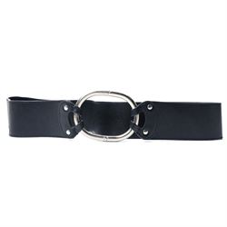 Prada - wide black leather waist belt, with oversized silver-tone circular ring clasp stam...