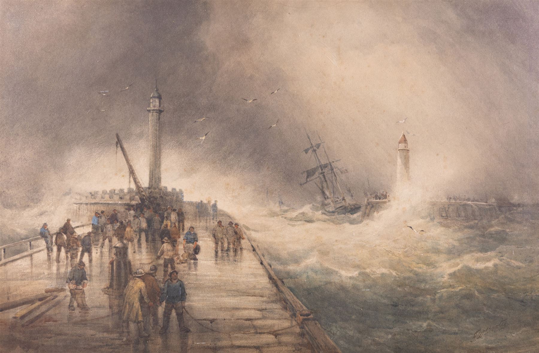 Frederick William Booty (British 1840-1924): Whitby Piers in Stormy Seas, watercolour signed 56cm x 84cm