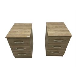 Pair oak finish pedestal chests, each fitted with three drawers